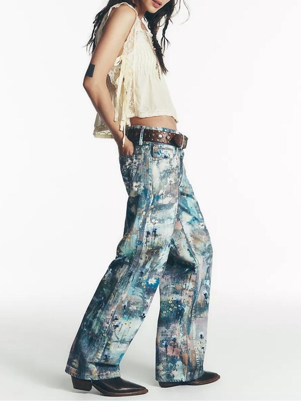 NWOT Free People Tennessee Low Rise boyfriend Illusions floral canvas denim jean